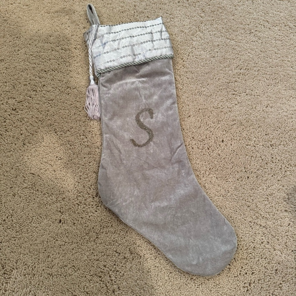 Gray Velvet Christmas Stocking with Tassel - beaded “S”